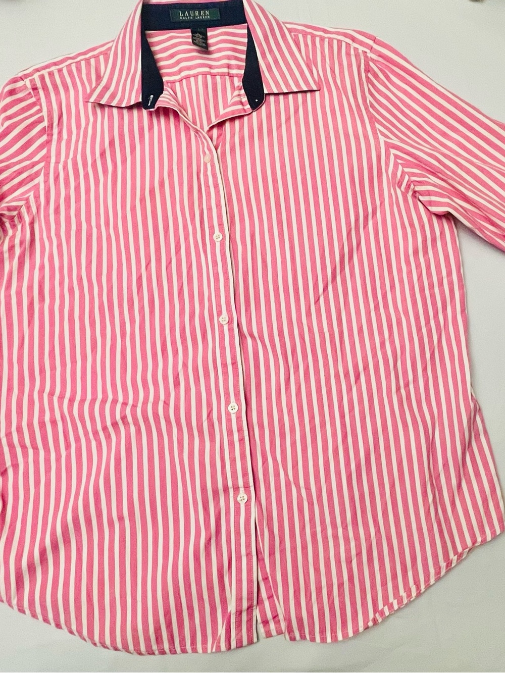 Ralph Lauren Pink and White Striped Kids Button-Down Shirt with Navy Collar Trim